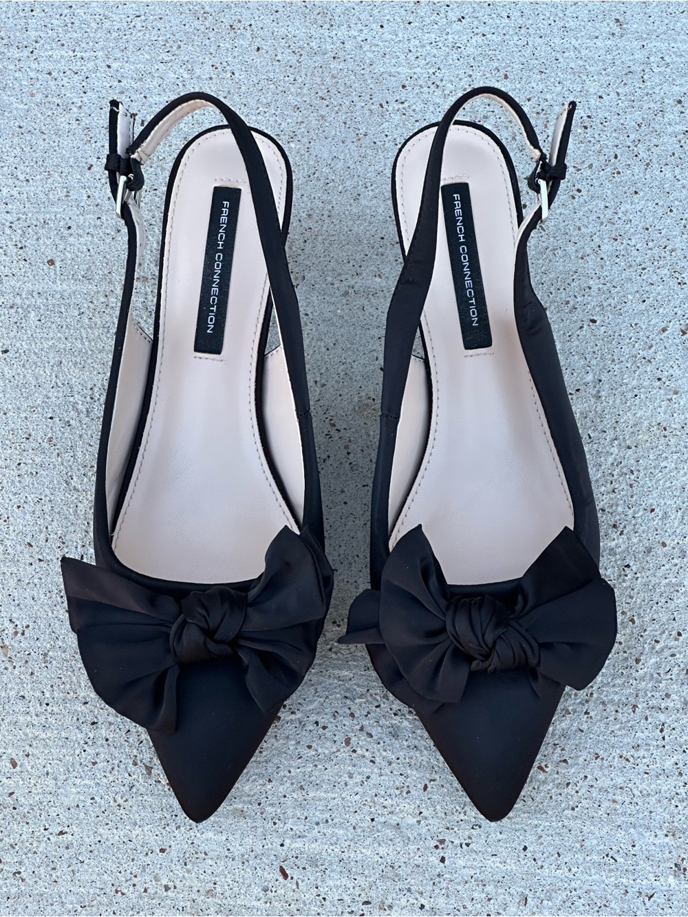 French Connection Black Pointed-Toe Slingback Pumps with Satin Bow. Size 8
